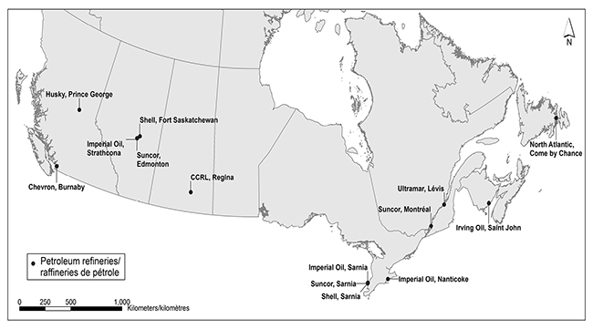 This figure shows the locations of the Canadian gasoline producing refineries.