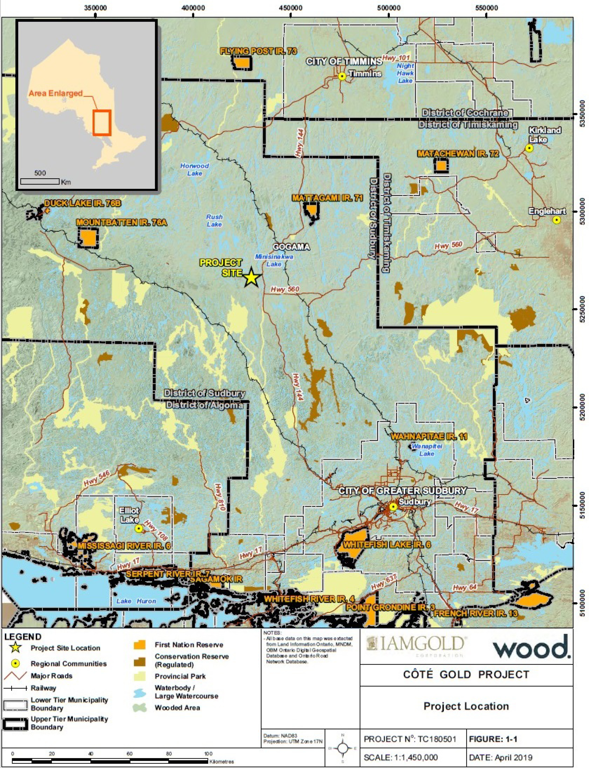 A 1:1,450,000 scale map shows the general location of the Côté Gold Mine Project in Ontario - Description below