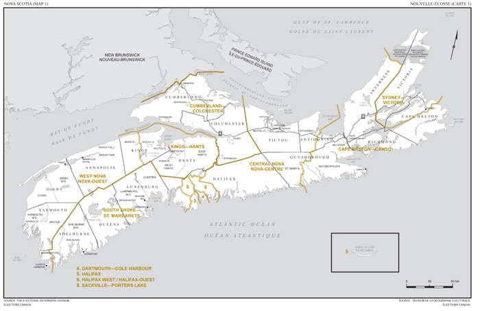 Carte 1 - Carte des limites et noms proposés pour les circonscriptions électorales de la Nouvelle-Écosse