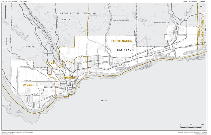 Carte 7 : Carte des limites et noms proposés pour les circonscriptions électorales de Aylmer, Outaouais et Petite-Nation