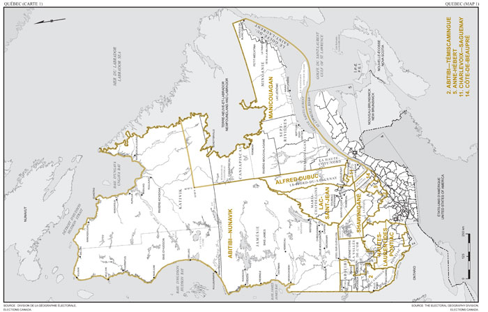Carte 1 : Carte des limites et noms proposés pour les circonscriptions électorales de Abitibi—Nunavik, Abitibi—Témiscamingue, Lac-Saint-Jean, et Manicouagan