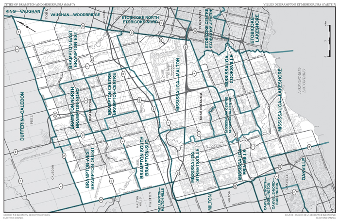 Carte 7 : Carte des limites et noms proposés pour les circonscriptions électorales de l'Ontario, Brampton