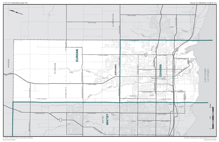 Carte 15 : Carte des limites et noms proposés pour les circonscriptions électorales de l'Ontario, Oshawa