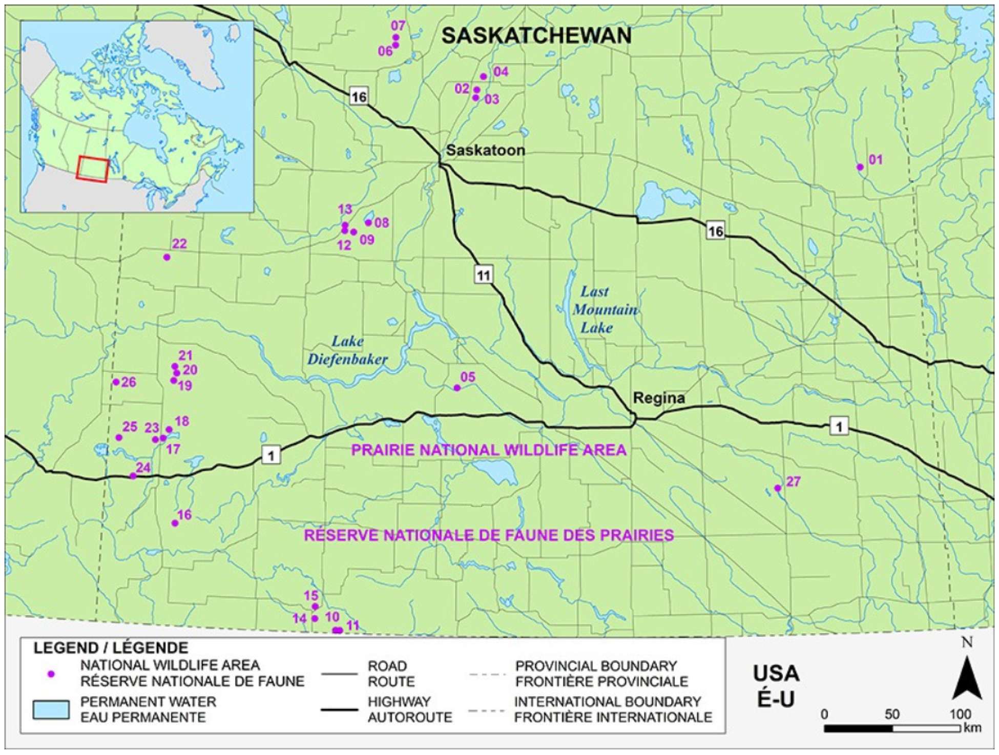 Figure 1. Carte de la réserve nationale de faune des Prairies – Version textuelle en dessous de l'image
