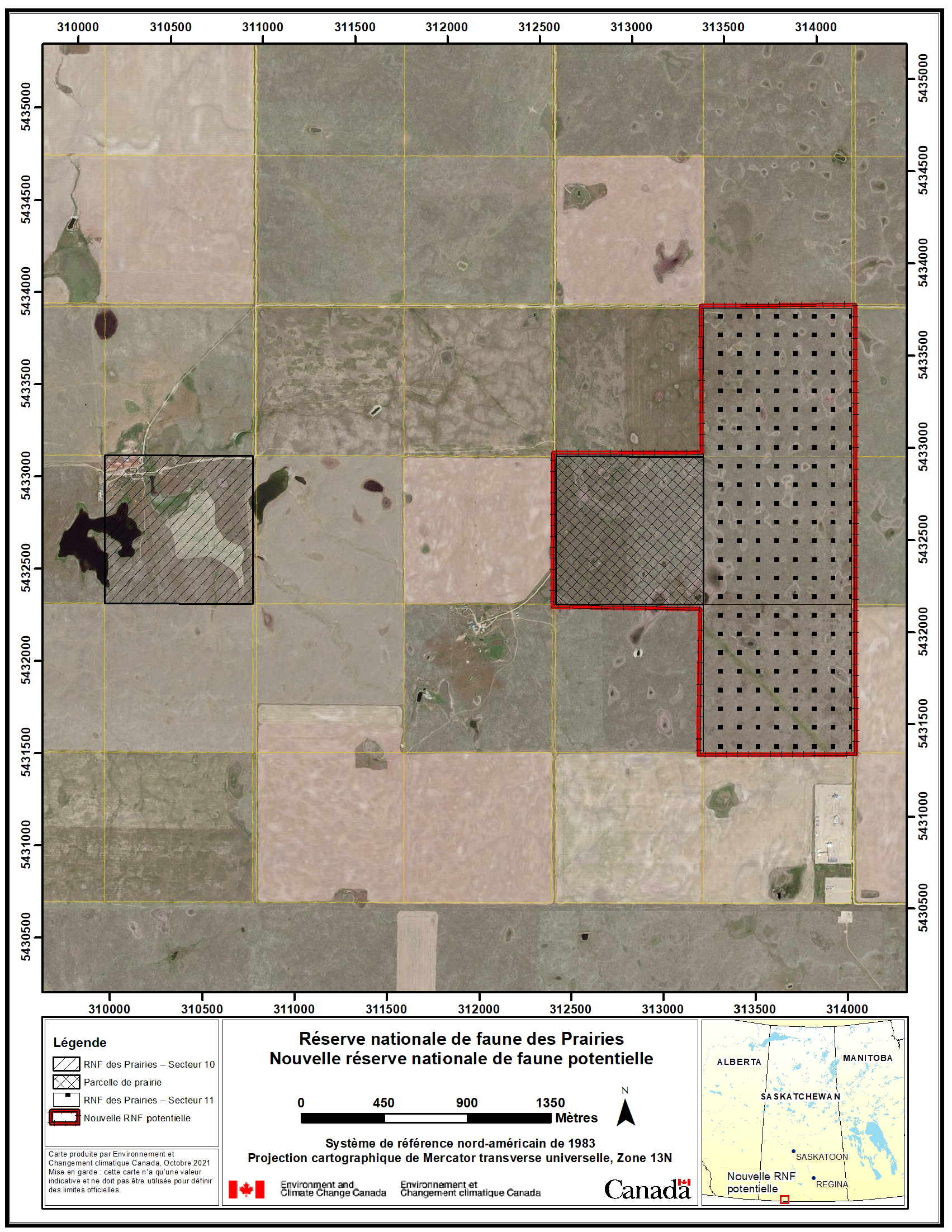 Figure 2. Photographie aérienne montrant les emplacements et les zones des secteurs 10 et 11 de la réserve nationale de faune des Prairies et de la nouvelle réserve nationale de faune potentielle – Version textuelle en dessous de l'image