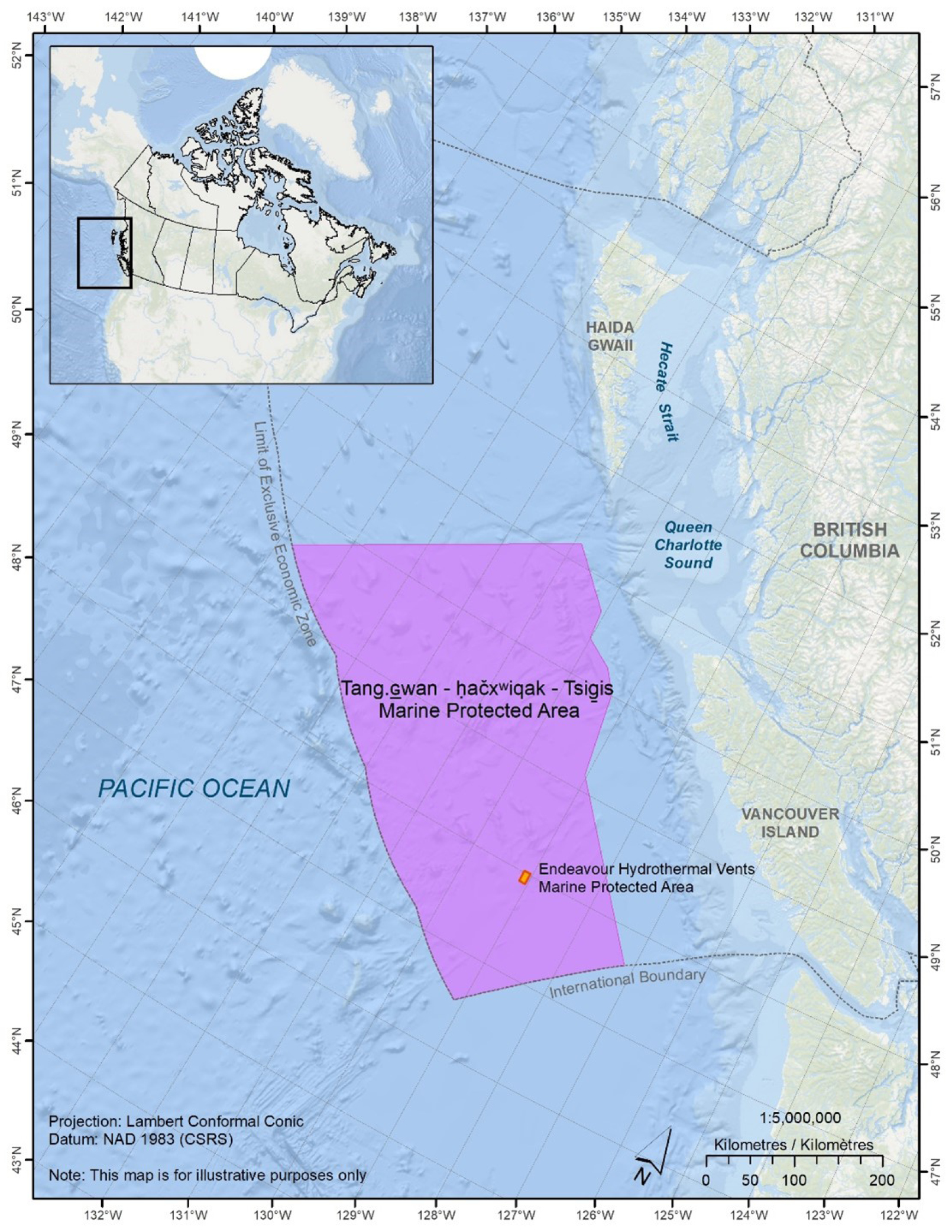 Figure 1: Location of the Tang.ɢwan — ḥačxwiqak — Tsig̱is Marine Protected Area. – Text version below the image